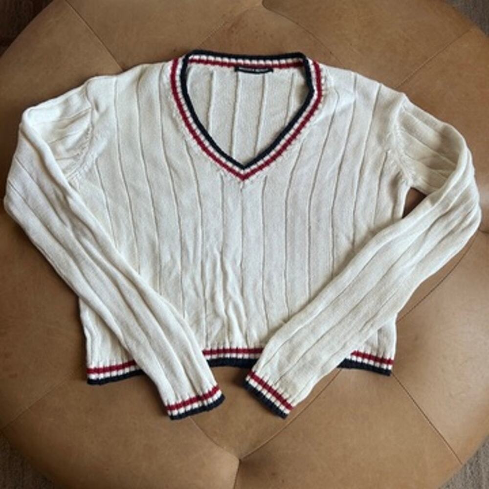 Ivory Cable Knit Varsity Sweater One Size V Neck Preppy Academia Brandy Melville